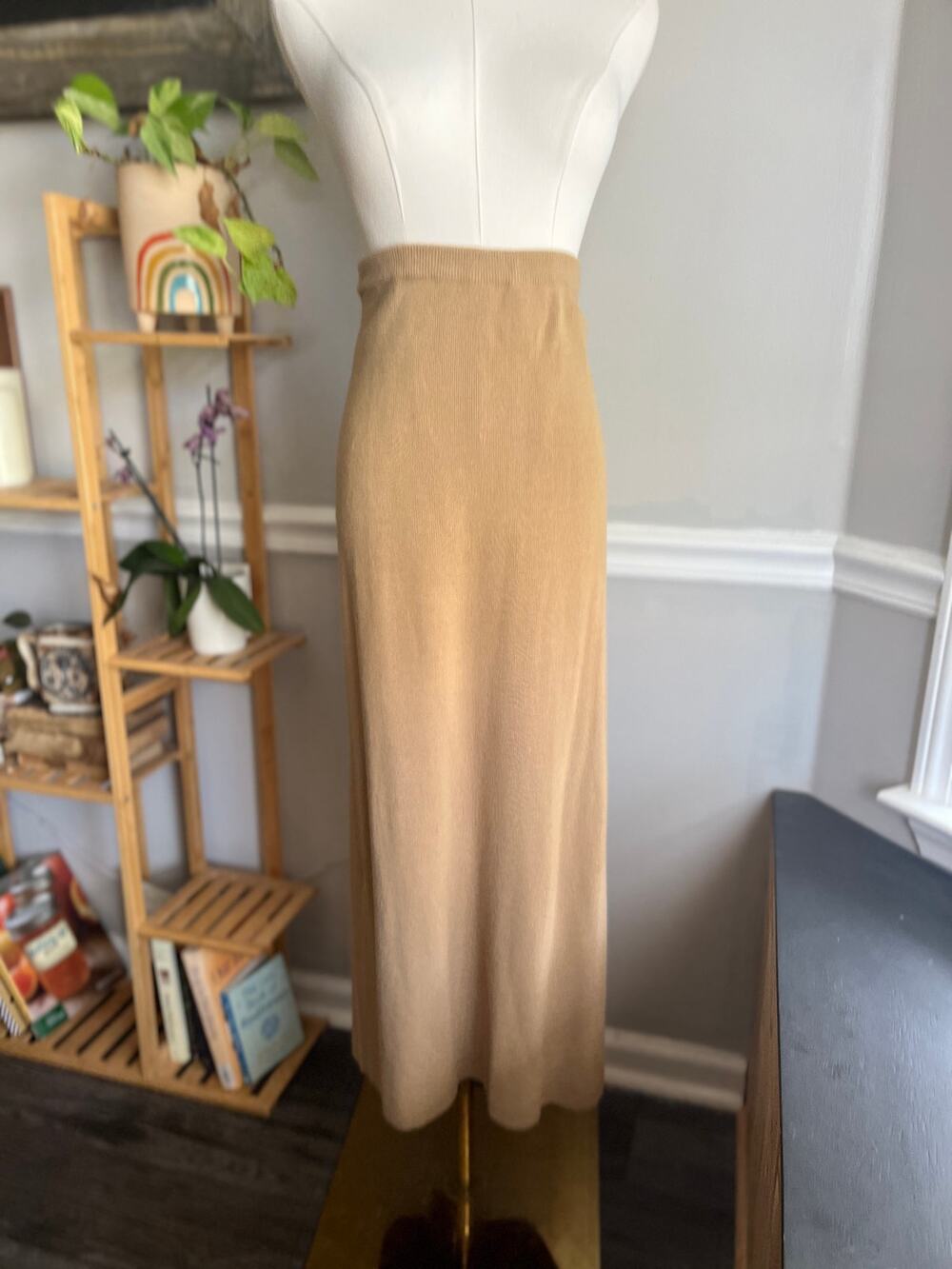 Vintage 90s Knit Maxi Skirt Merino Wool Tan Size Large